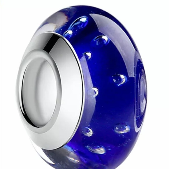 2pcs Silver European Murano Blue Glass Beads Charm - Picture 1 of 7